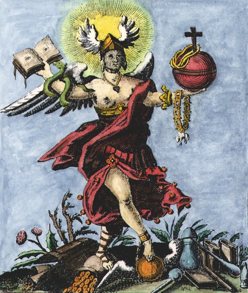 Winged Mercury figure holding a book, serpent, and orb, from Secret Symbols of the Rosicrucians, 1785