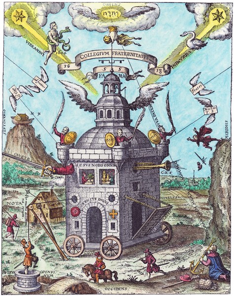 The Collegium Fraternitatis, the winged Rosicrucian house, from Secret Symbols of the Rosicrucians, 1785